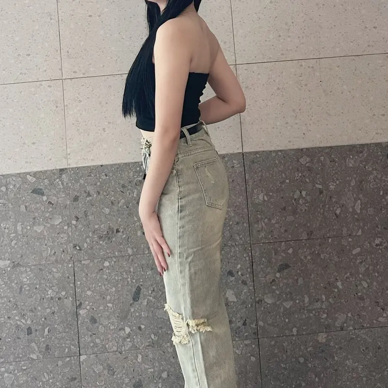 V.M-Quần Jeans Nữ Suông Rách Trước Sau Phủ Dơ Nhẹ (S-2XL)Chất Jeans Mềm QC VM053 Women Pants 2