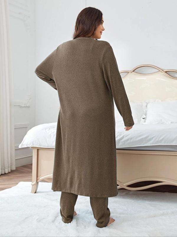Plus Size Solid V Neck Tank Top & Elastic Waist Pants & Open Front Lounge Robe Set, Casual Comfy Sleepwear Set, Womens Clothes, Women's Sleepwear for All Seasons Valentine's Day, gift, Pajamas 7