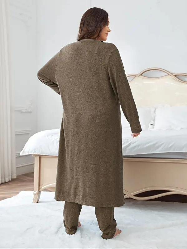 Plus Size Solid V Neck Tank Top & Elastic Waist Pants & Open Front Lounge Robe Set, Casual Comfy Sleepwear Set, Womens Clothes, Women's Sleepwear for All Seasons Valentine's Day, gift, Pajamas 7