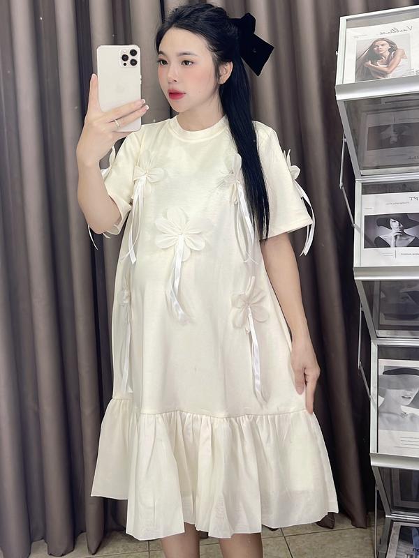 [ Mina clothing ] Váy babydoll chất umi hàn mềm co dãn dáng đuôi cá đính nơ dài thời trang dành cho nữ bầu mặc được hoa thêu nổi Women Dress