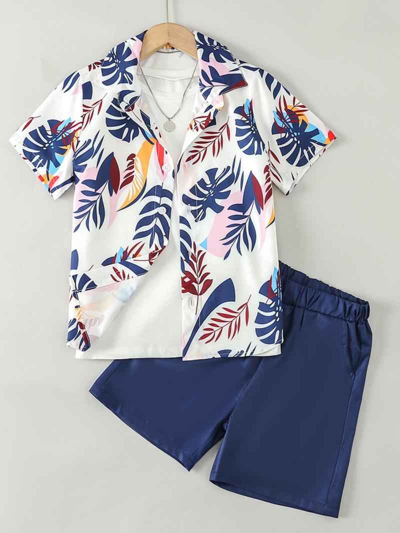 Product Introduction of Two-Piece Set Boy's Leaf Print Short Sleeve Shirt & Shorts, Casual Summer Outfits Clothes for Kids Outdoor Holiday Vacation, Kids Clothing 1
