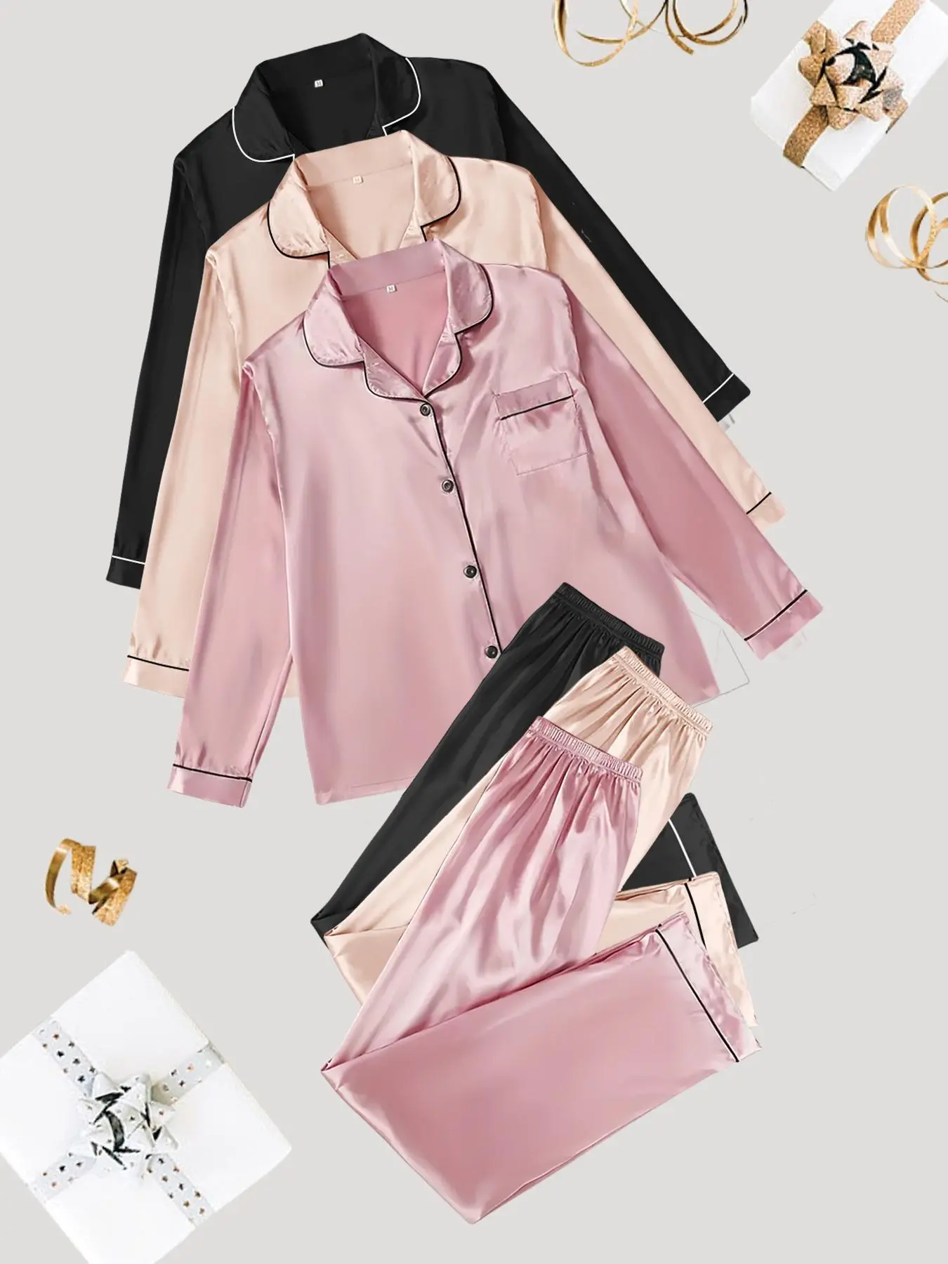 Women's Contrast Binding Satin Pyjama Set, Casual Long Sleeve Lapel Neck Button Front Shirt & Elastic Waist Pants Pj Set, Comfortable Sleepwear Set for Women, Lounge Set for Women Valentine's Day, gift, Pajamas