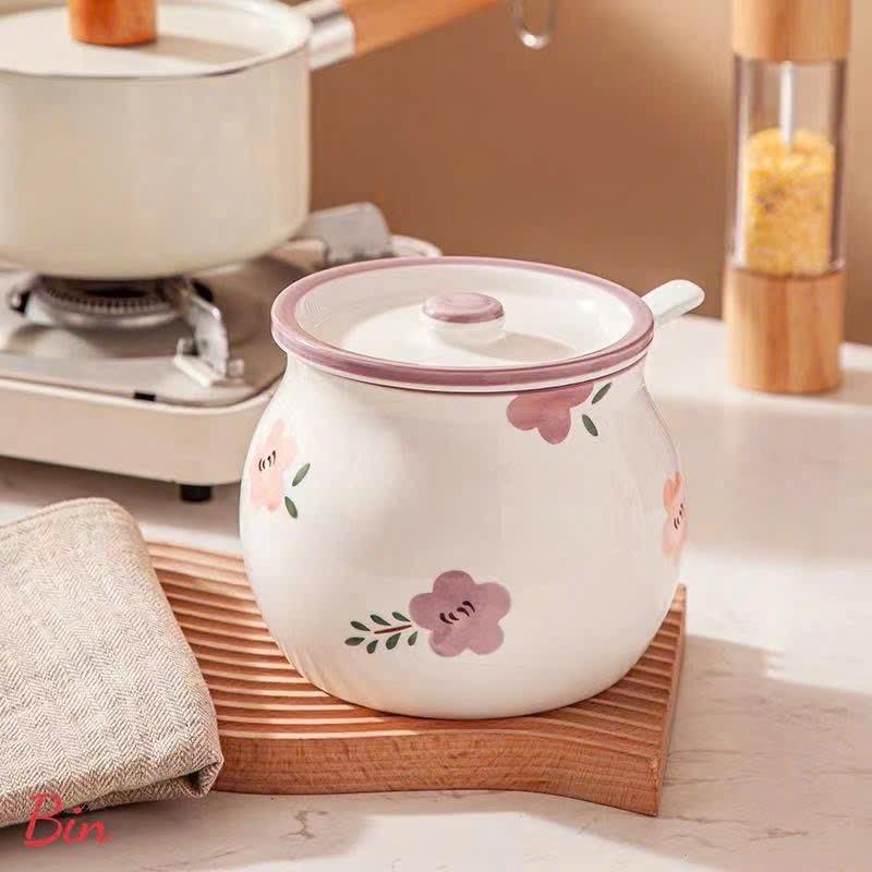 HŨ GỐM SỨ ĐỰNG MỠ HÌNH HOA, ĐỰNG GIA VỊ, CÓ NẮP + THÌA, CHỊU NHIỆT CAO, HỌA TIẾT HOA VĂN ĐẸP 700-1400ml 5