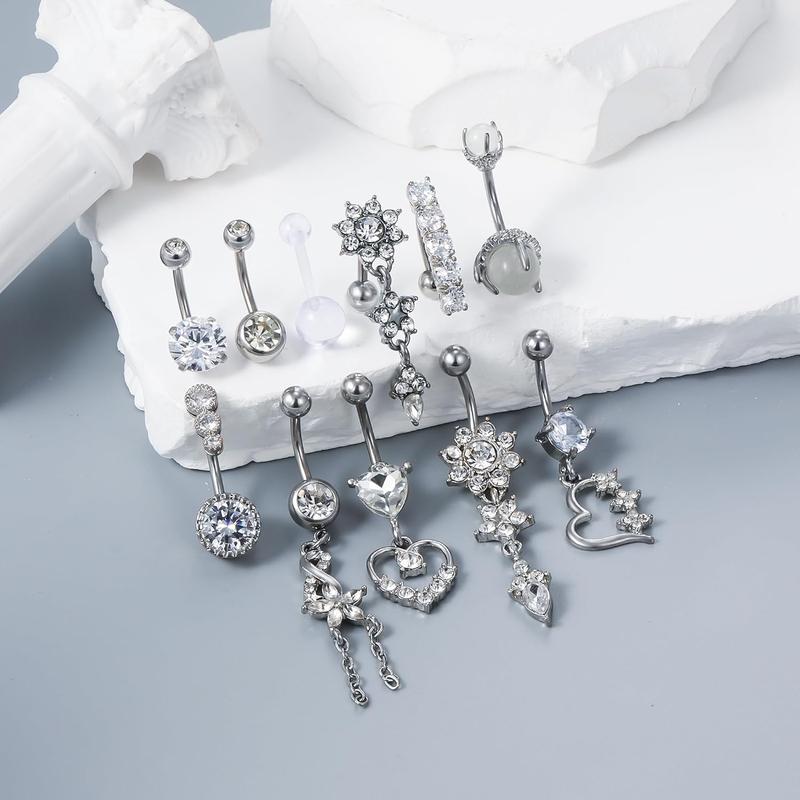 Surgical Steel White CZ Flower Dangling Belly Button Navel Ring Surgical Steel White CZ Flower Dangling Belly Button Navel Ring