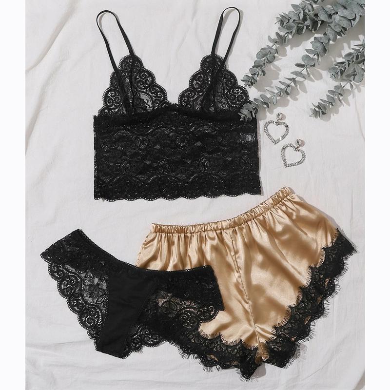 Product Introduction of Popular Three-Piece Lace Sexy Pajamas European and American Adult Sexy Lingerie See-through Dress Foreign Trade Ladies Slip Nightdress 1