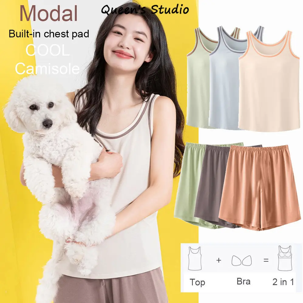 [Queen's Studio] Cool with chest pad pajamas, women Modal-Fabric thin home wear Tanks top+shorts two-piece set Loungewear Nightwear bajutidu r