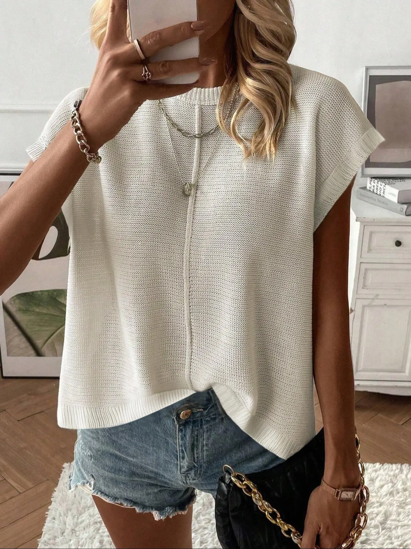 Women's Plain Sweater Pullover, Casual Short Sleeve Round Neck Knit Top for Summer, Fashion Women's Knitwear for Daily Wear