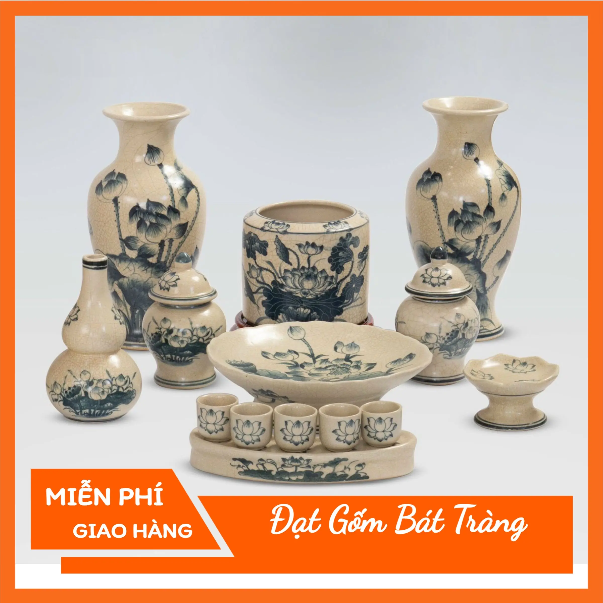 Đồ Thờ Cúng - Bộ Thờ cúng men rạn vẽ sen gốm sứ Bát Tràng Decor Decor Phòng Trang Trí Nhà Tranh kim quy Phòng Khách