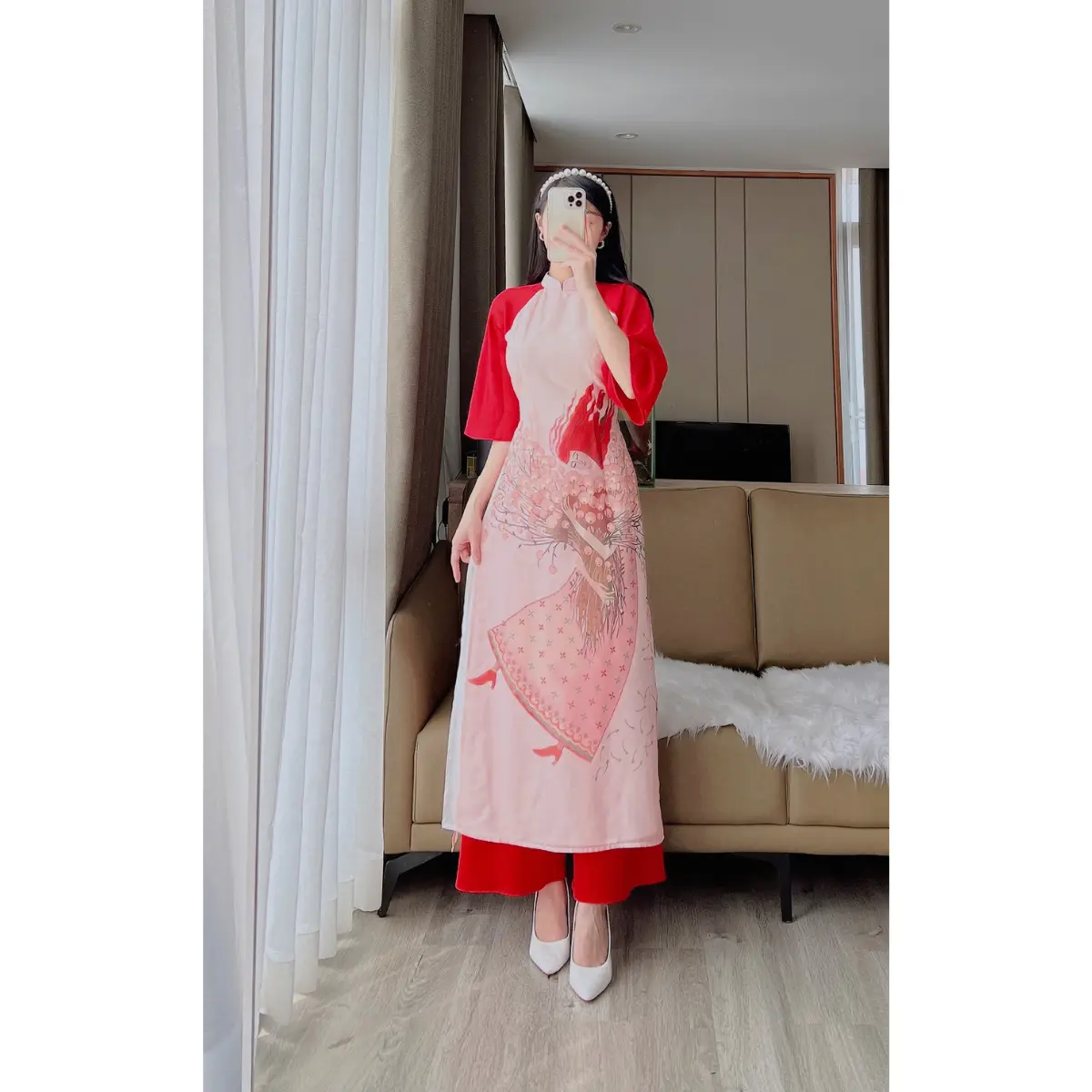 Áo dài Tóc Tiên chất liệu tơ organza, áo dài truyền thống cổ trụ 2p tay xòe Nữ Dress Cổ Tròn Đầm Women Đỏ