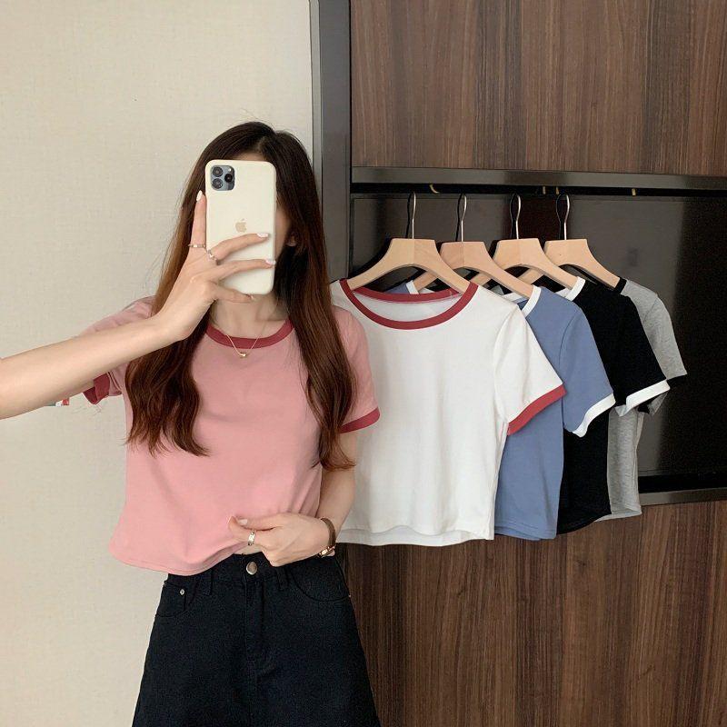Product Introduction of Áo Lớp Nền Mùa Hè, Hàng Mới Về, Phong Cách Hàn Quốc, Ôm Sát, Ngắn, Áo Sơ Mi Học Sinh, Hợp Xu hướng, Màu Tương Phản, Cổ Tròn, Áo Thun Ngắn Tay, Dành Cho Nữ 1