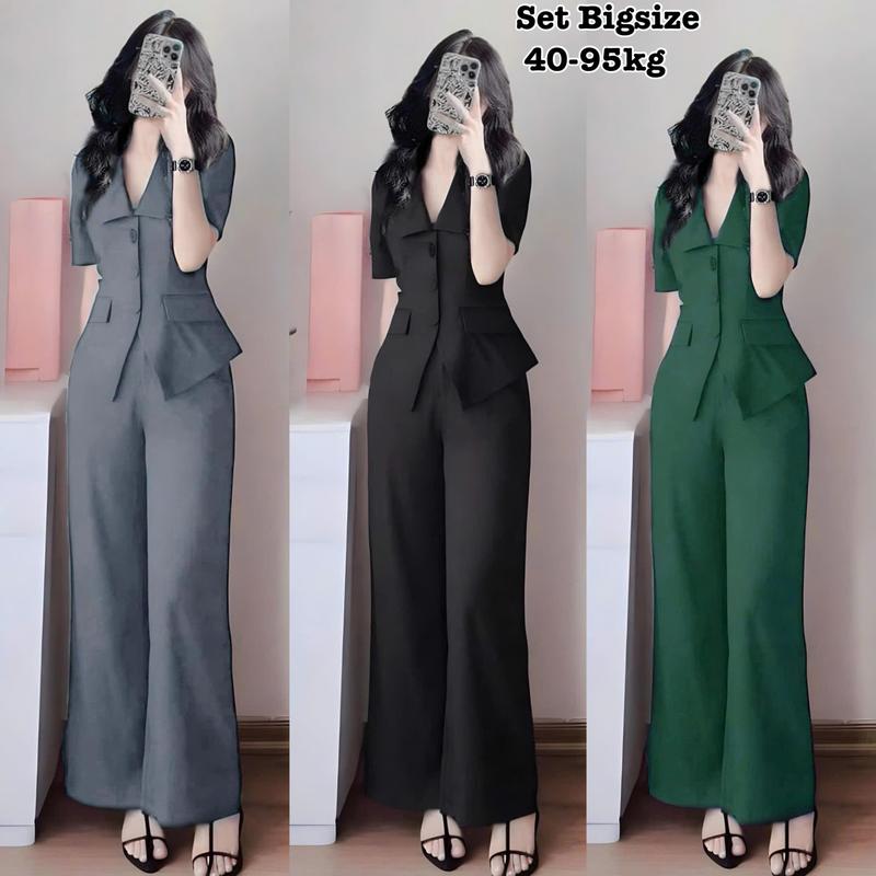 Set Bộ Dài Tay Ngắn Bigsize Cổ Vest Quần Ống Suông Lụa Chéo Thái Thiết Kế Dự Tiệc Nữ Cao Cấp Đẹp Sang Trọng 50-95kg2304