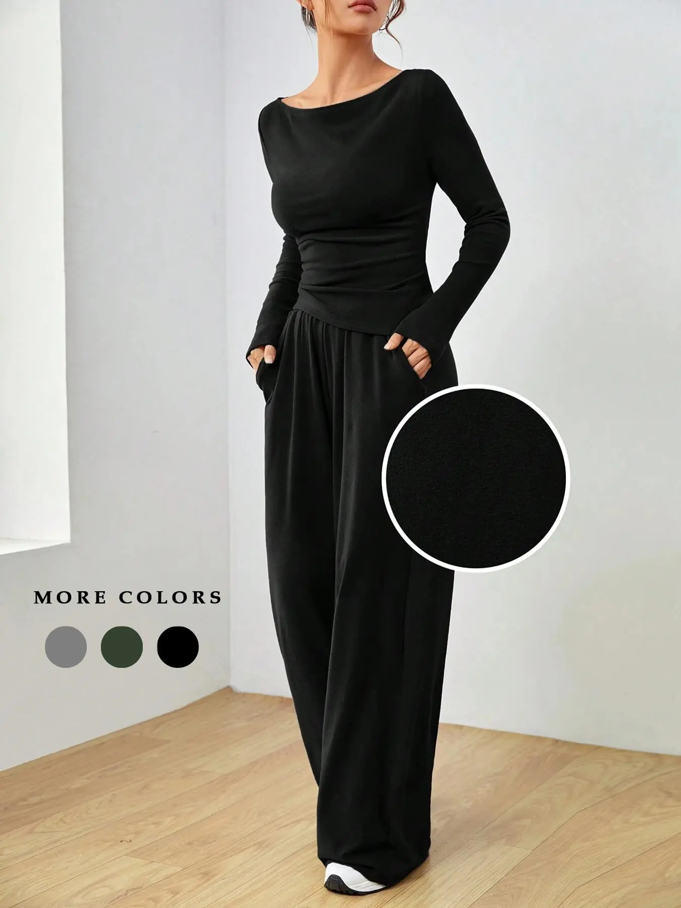 Women's Solid Ruched Boat Neck Tee & Pocket Plicated Pants Two-piece Set, Casual Long Sleeve T-shirt & Wide Leg Trousers for Spring & Fall, Women's Clothes for Daily Wear