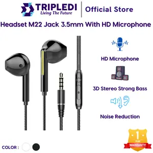 TRIPLEDI Headset Wired Jack 3.5mm M22 Earphone with HD Microphone Gaming Musik Noise Reduction 3D Stereo Bass Colokan Earphones