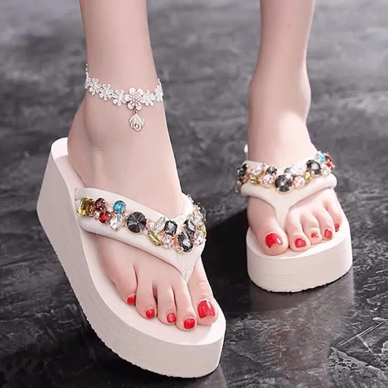 Dép Nữ Dép Tông Dép Xỏ Ngón Dép Kẹp Đế Xuồng 6Cm Đính Đá Nhân Tạo Cao Cấp Đế Chống Trượt Dép kẹp DéP Shoes depkep 5phan GiàY