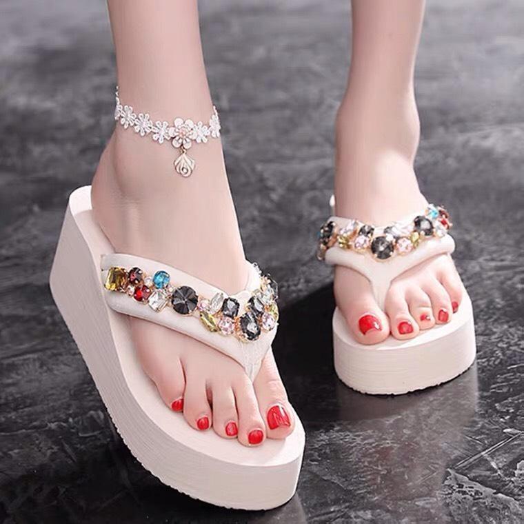 Dép Nữ Dép Tông Dép Xỏ Ngón Dép Kẹp Đế Xuồng 6Cm Đính Đá Nhân Tạo Cao Cấp Đế Chống Trượt Dép kẹp DéP Shoes depkep 5phan GiàY