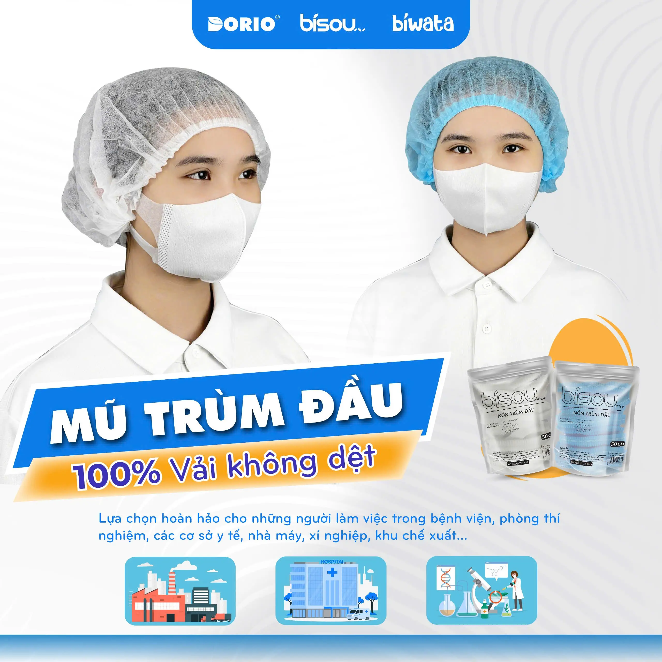 Mũ trùm đầu y tế nón con sâu hiệu BISOU túi 50 cái