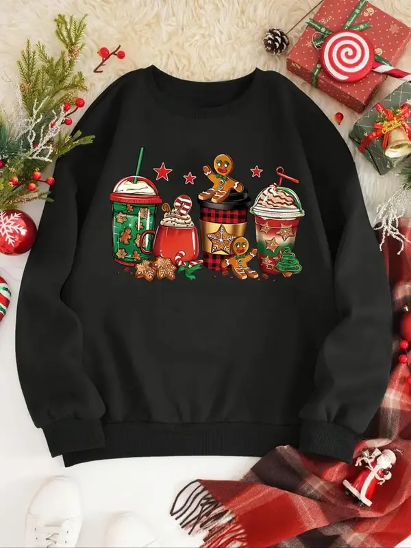 Women's Christmas Themed Cartoon Cup & Gingerbread Man Print Crew Neck Sweatshirt, Casual Drop Shoulder Long Sleeve Pullover, Ladies Top for Daily Wear 0