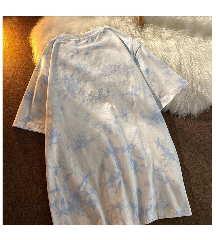 Product Introduction of Tie-Dye Top T-Shirt Embroidered Letters Couple Outfit Best Friend Outfit Short Sleeve T-Shirt Women Summer Loose Casual Top T-Shirt 5