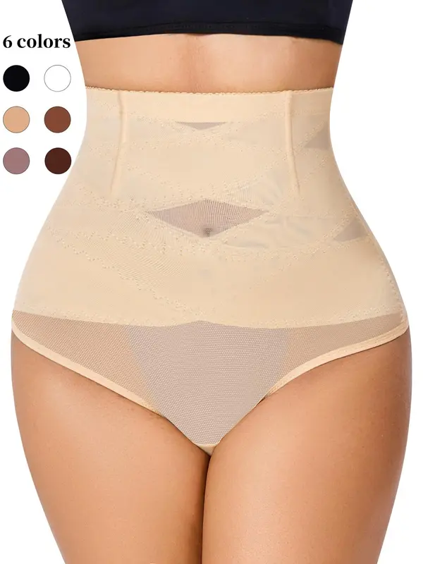 Women's Contrast Mesh Shapewear Thong, Breathable High Waist Shapewear Bottom for Daily Wear, Tummy Control Butt Lifter, Minimalist Basic Underwear, tummy tuck garment 2