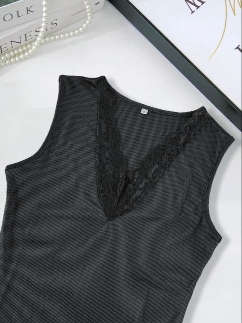 Product Introduction of Women's Plain Lace Trim V Neck Tank Top, Casual Sleeveless Top for Daily Wear, Ladies Clothes for All Seasons 3