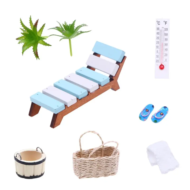 Mini Summer Beach Set, Wooden Beach Chair & Umbrella & Towel & Basket & Thermometer Model, Miniature Scene Shooting Props Model 0