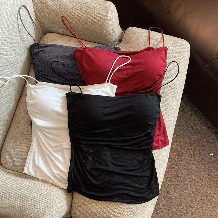 Vest Hai  Xếp Ly, Dành Cho Phụ Nữ, Trang Phục Mùa Hè,  Đeo Spaghetti  Thể Mặc  Trong Hoặc  Ngoài,  Tay,  Nhỏ Dáng Ôm, Thiết Kế Dễ Thương Và Gợi Cảm bên   gọn     bigsize  cúp   thun  3  lỗ  nữ        croptop không    2      mút  sẵn áo dây có 1