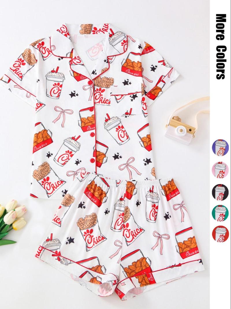 Product Introduction of Women's Fried Chicken Print Shirt & Shorts Pyjama Two-piece Set, Casual Comfy Short Sleeve Collared Top & Shorts Pj Set, Ladies Sleepwear for All Seasons, Pyjamas for Women 1