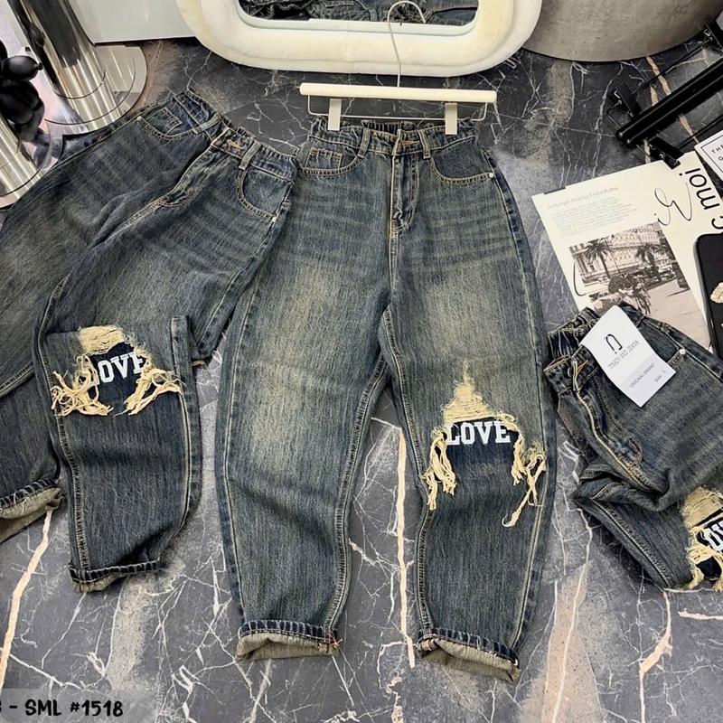 [2160] [Có BIGSIZE ]Quần Baggy Lưng Chun Thêu chữ rách gối Jean Pants Denim Nữ 1