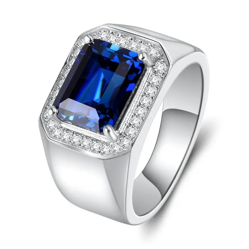 Domineering Square Sapphire Ring New Blue Corundum Four-Claw Ring Micro-Inlaid Open Mouth Man's Ring