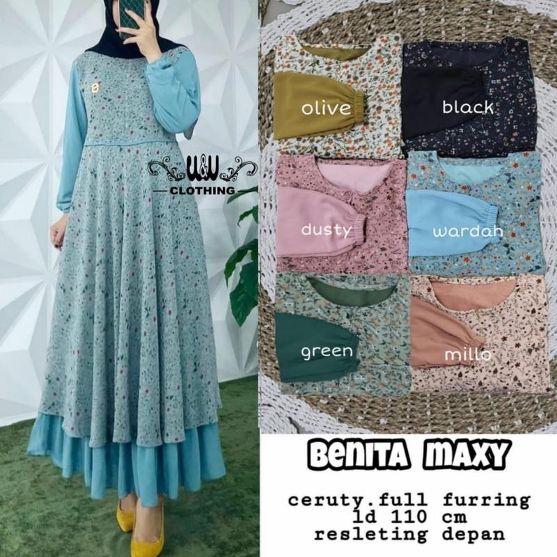Product Introduction of Benita Maxy Dress Busui Resleting Depan Gamis Ceruty Full Furing  Gamis Kondangan Penikahan Motif Bunga Mewah Elegan Best Seller 19