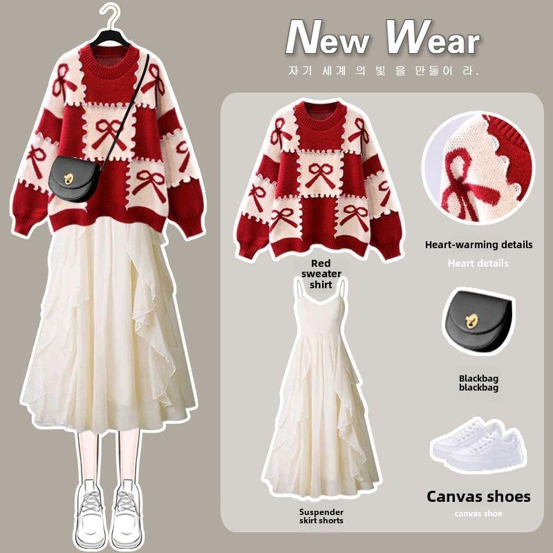 Product Introduction of Plus Size Wear a Whole Suit Women's Autumn and Winter New Knitwear Slimming Easy Matching Sling Dress Two-Piece Suit Clothing Womenswear Lingerie Comfort Longsleeve Basic Casual Minimalist 5