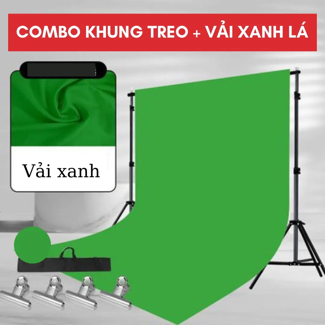 Combo Vải xanh lá quay phim có kèm khung treo phông