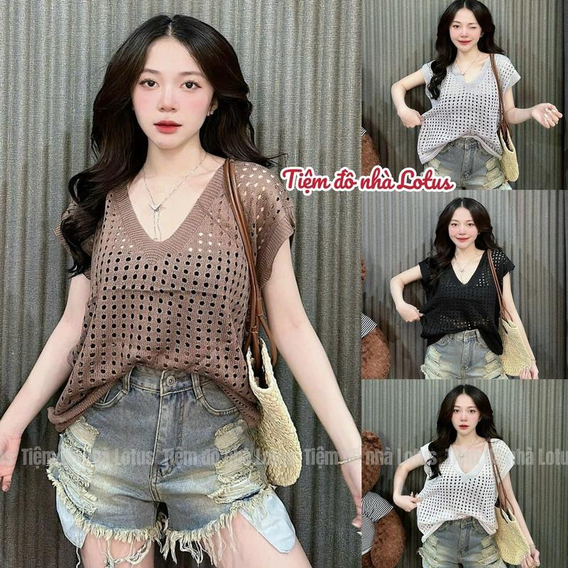 (Sẵn - Video SP ở dưới) Áo len cổ chữ V (KHÔNG KÈM QUÂY) dành cho nữ thiết kế lỗ mùa hè( không kèm lót)  (Tiệm đồ nhà Lotus)