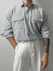 Men's Striped Print Pocket Shirt, Regular Fit Casual Long Sleeve Top for Spring & Fall, Fashion Men's Clothes for Daily Wear