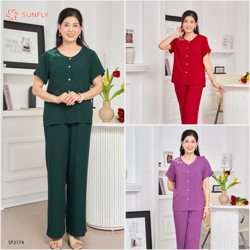 Bộ Lanh Mặc Nhà SUNFLY Áo Cộc Quần Dài SP2174 3
