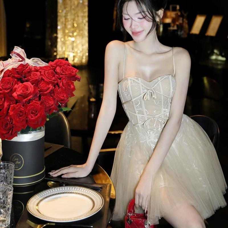 1994 STORE - Đầm váy nữ đi tiệc sang chảnh,đầm hai dây voan tơ dáng xòe viền nơ xinh. 3