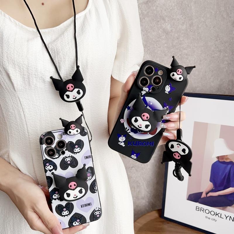 Product Introduction of 3D Cartoon Kuromi Toy With Lanyard Phone Holder Case For iPhone 16 15 14 13 12 11 Pro Max Plus Casing Soft Silicone Strap Rope Cover 14