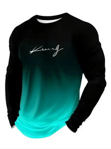 Camiseta casual de manga larga para hombre, color degradado, material de poliéster, cuello redondo, diseño con estampado de letras