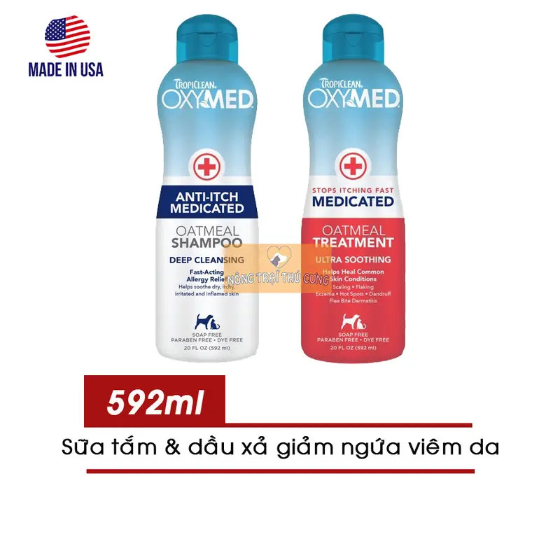 Sữa Tắm & Dầu Xả Trị Ngứa Viêm Nấm Da Chó Mèo TropiClean OXYMED 592ml (USA) 0