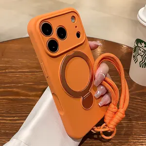 New casing liquid silicone soft case with stand luxury phone case with crossbody lanyard for iPhone 17 Pro Max Case cosmic orange Wristband 17pro strap Magnetic Shockproof Cover