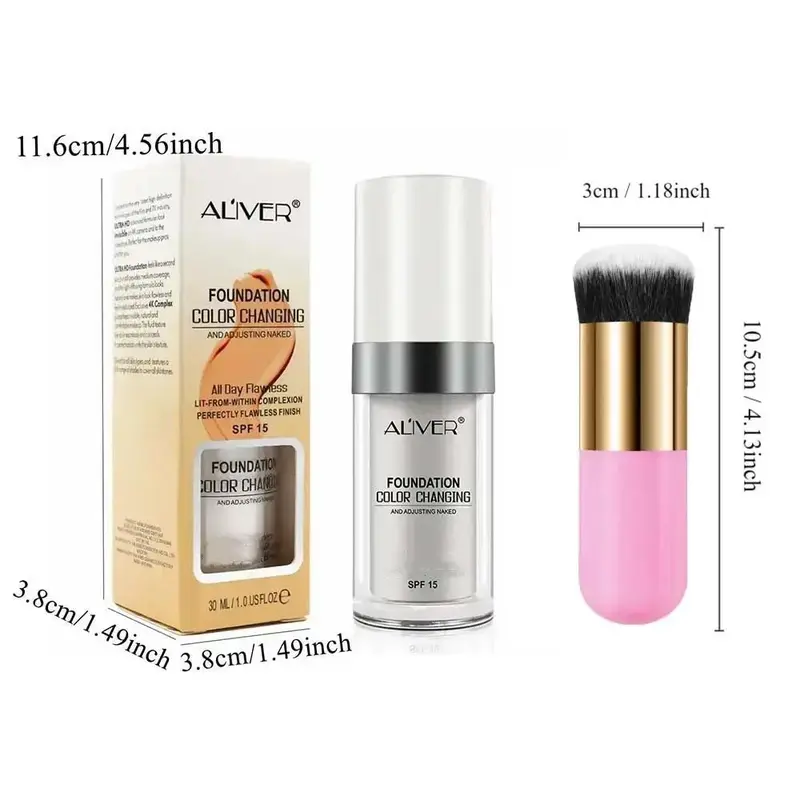 30ml Foundation & Makeup Brush Kit(2 Counts/set), Long Lasting Moisturizing Liquid Base, SPF15 Color Changing Foundation, Makeup Product for Women 1
