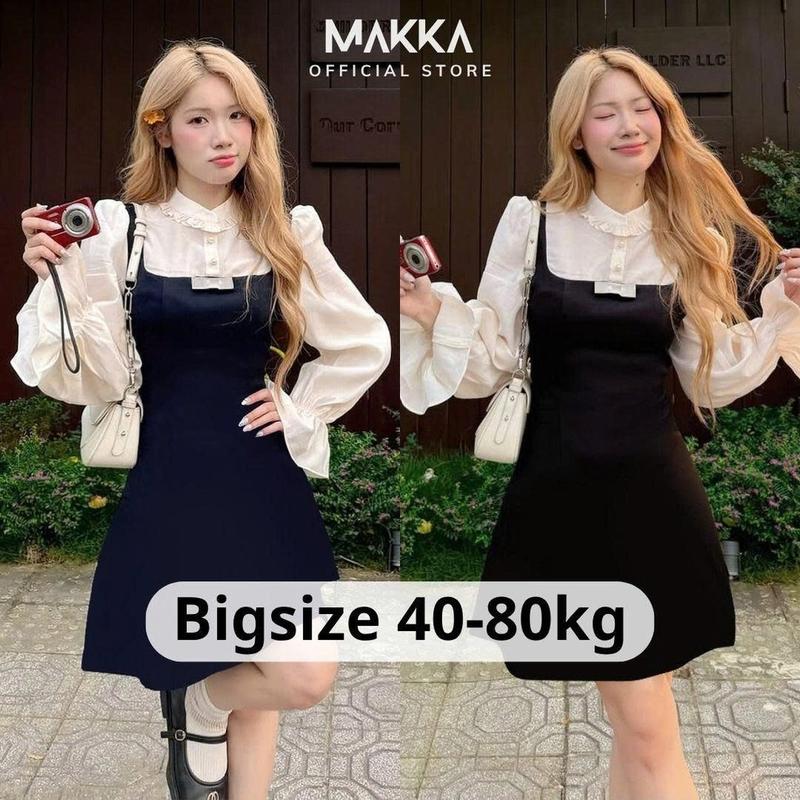 Đầm nữ BIGSIZE MAKKA váy yếm phối sơ mi trắng viền bèo dài tay dáng chữ A thanh lịch 5316