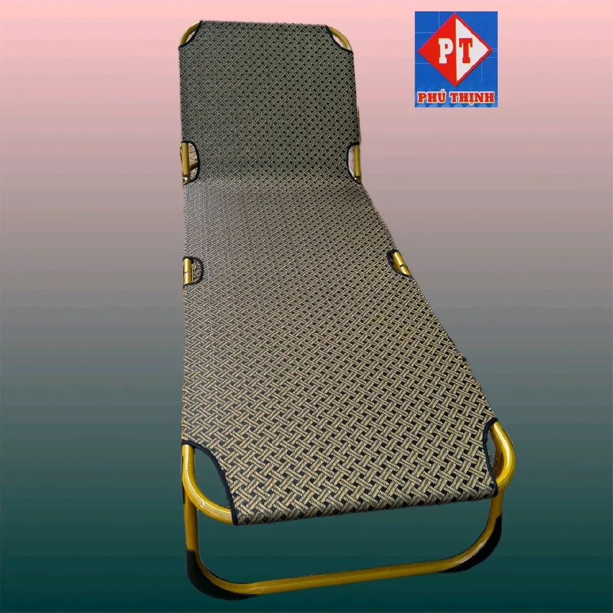 (full màu)giường gấp gọn văn phòng (khung sắt sơn vàng), vải lưới textilen vừa ngồi vừa nằm, ngang 60 cm x dài 1m80