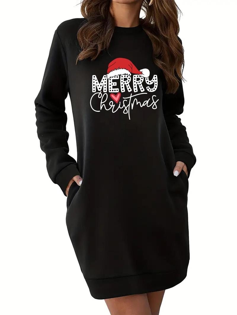 Product Introduction of Women's Letter & Christmas Print Pocket Thermal Lined Sweatshirt Dress, Casual Long Sleeve Round Neck Short Dress for Fall & Winter, Christmas Party Dress, Women's Clothes for Daily Wear 4