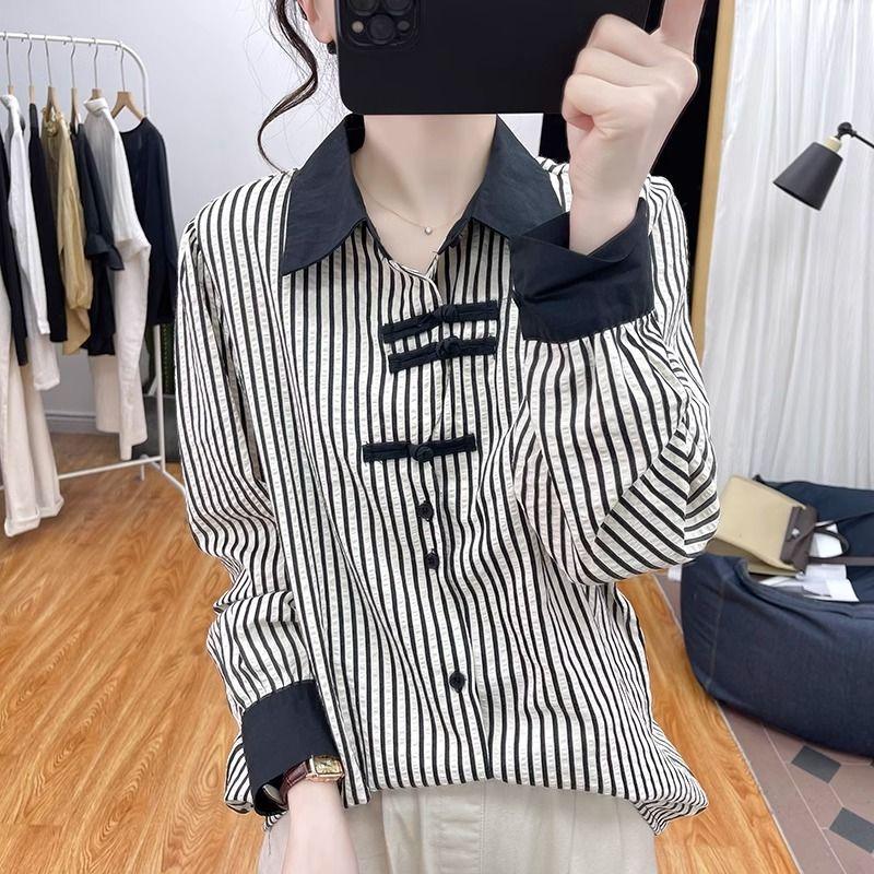 Áo Sơ Mi Sọc, Phong Cách Trung Quốc Mới Cao Cấp, Thiết Kế Nút Phong Cách Quốc Gia, Dành Cho Nữ, Dáng Rộng Vừa Vặn, Tay Áo Dài, Cổ Polo, Áo Đầu, Thích Hợp Cho Mùa Xuân 3