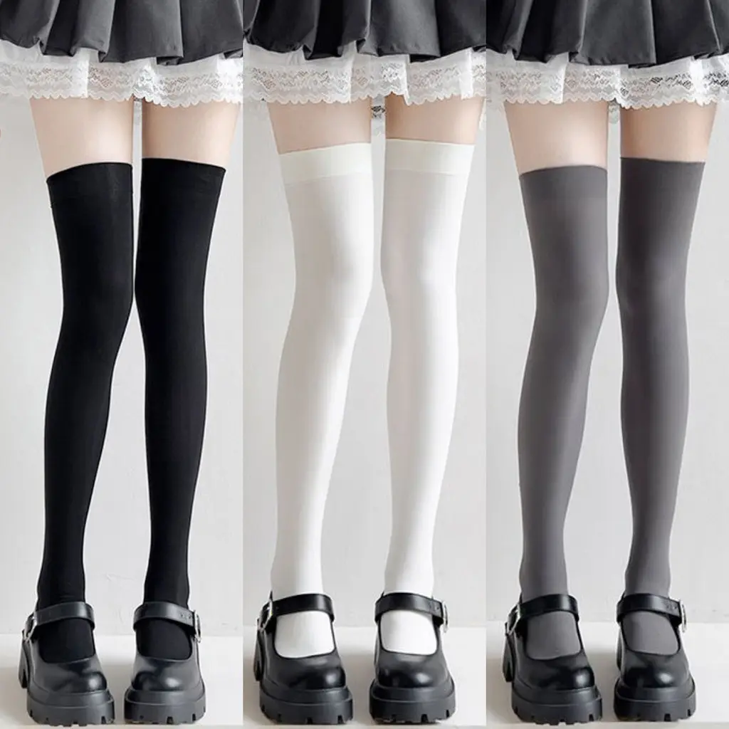 Fashion Women Long Socks Cute Black White Velvet Lolita Solid Color Knee High Socks Kawaii Cosplay JK Sexy Nylon Stockings