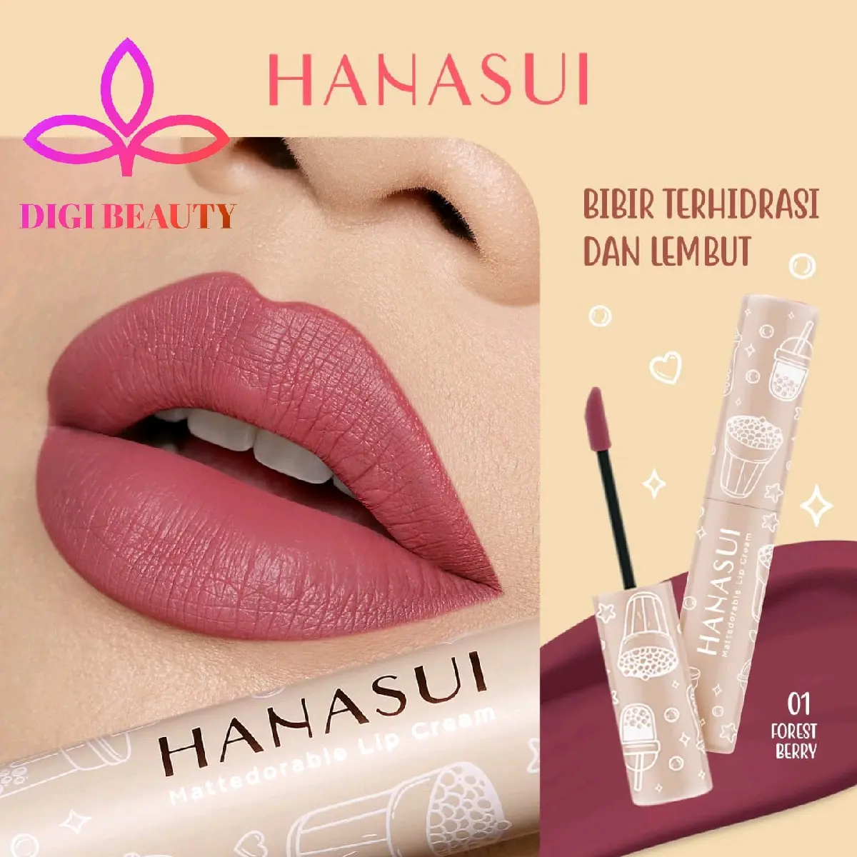 Hanasui Mattedorable Lip Cream Matte | Boba Edition Series | BPOM | Waterproof 2in1 Berry Bibir Lipstick Creamy