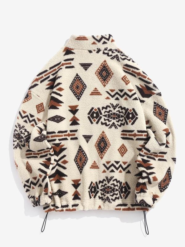 Women's Vintage Ethnic Pattern Drawstring Zip Up Coat, Fashion Cozy Drop Shoulder Long Sleeve Full Zip-up Teddy Outerwear, Trendy Women's Clothes, Y2k Workwear Outfits Streetwear, Balkan School Outfits, Ethnic Clothing UK 5