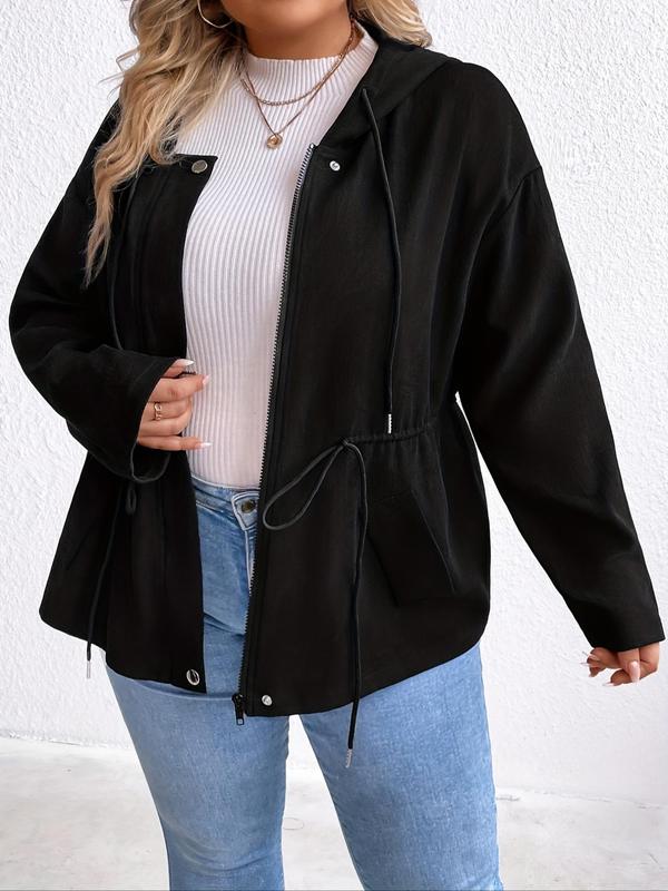 Plus Solid Drawstring Button Front Zip Up Hooded Jacket, Fashion Casual Pocket Drop Shoulder Outerwear for Daily Wear, Women Plus Clothing for Spring Fall 2