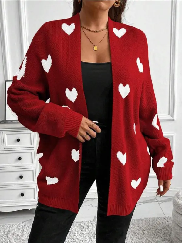 【Plus Size】 Heart Print Open Front Sweater Cardigan, Casual Long Sleeve Cardigan for Fall & Winter, Women's Plus Clothing for Daily Wear 2